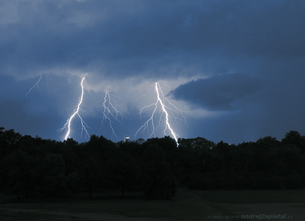 Storm over the City (On the photo:  (Night photography) mraky, noc, příroda, léto, elektřina, stromy, déšť)