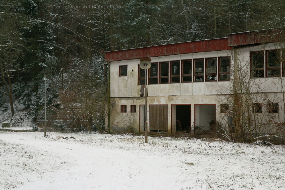 Help (On the photo:  (Urbex photography) ruiny, stromy, zima, rozbité sklo, nápisy)
