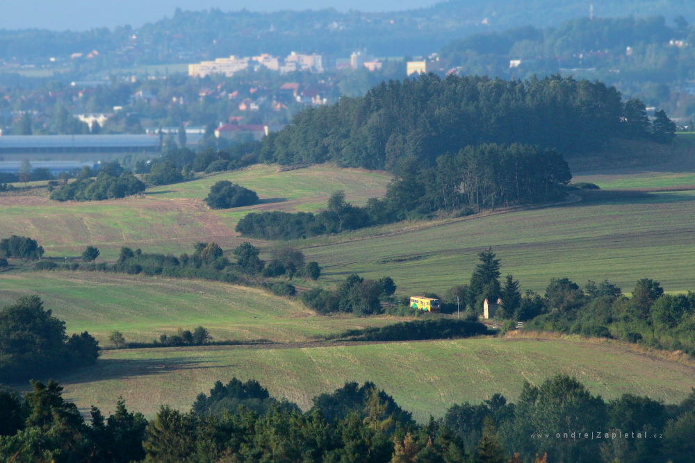 Žlutý vlak (Na fotografii:  vlak, pole, ráno)