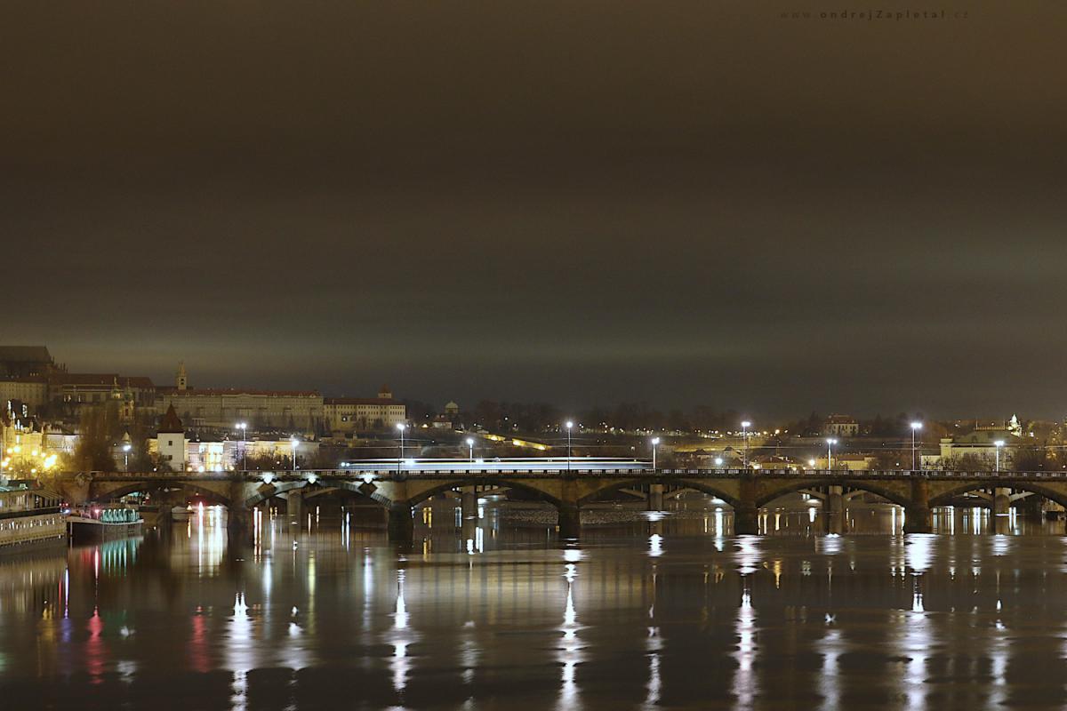 Tram on a bridge (On the photo:  (Urban photography) tramvaj, noc, elektřina, praha, most)