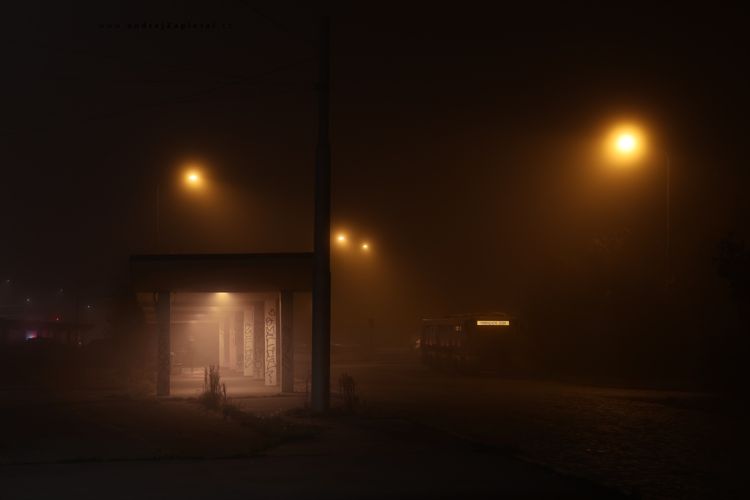 Bus Stop in Mist (On the photo:  (Urban photography) mlha, elektřina, noc)