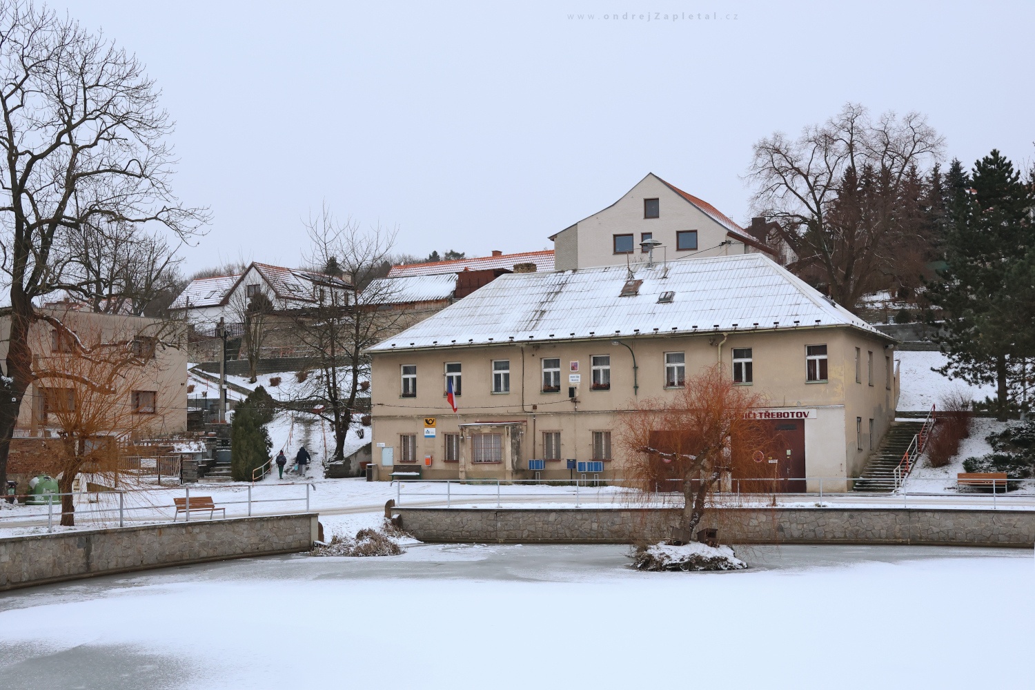Frozen Pond and Town Hall (On the photo:  (Rural photography) budova, zima, venkov, stromy, sníh)