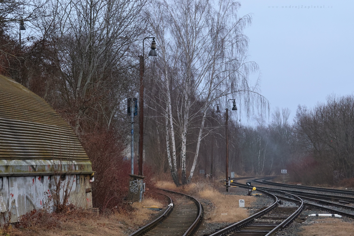 Old Lamps over Tracks (On the photo:  (Industrial Photography) vlak, stromy, industrial, praha)