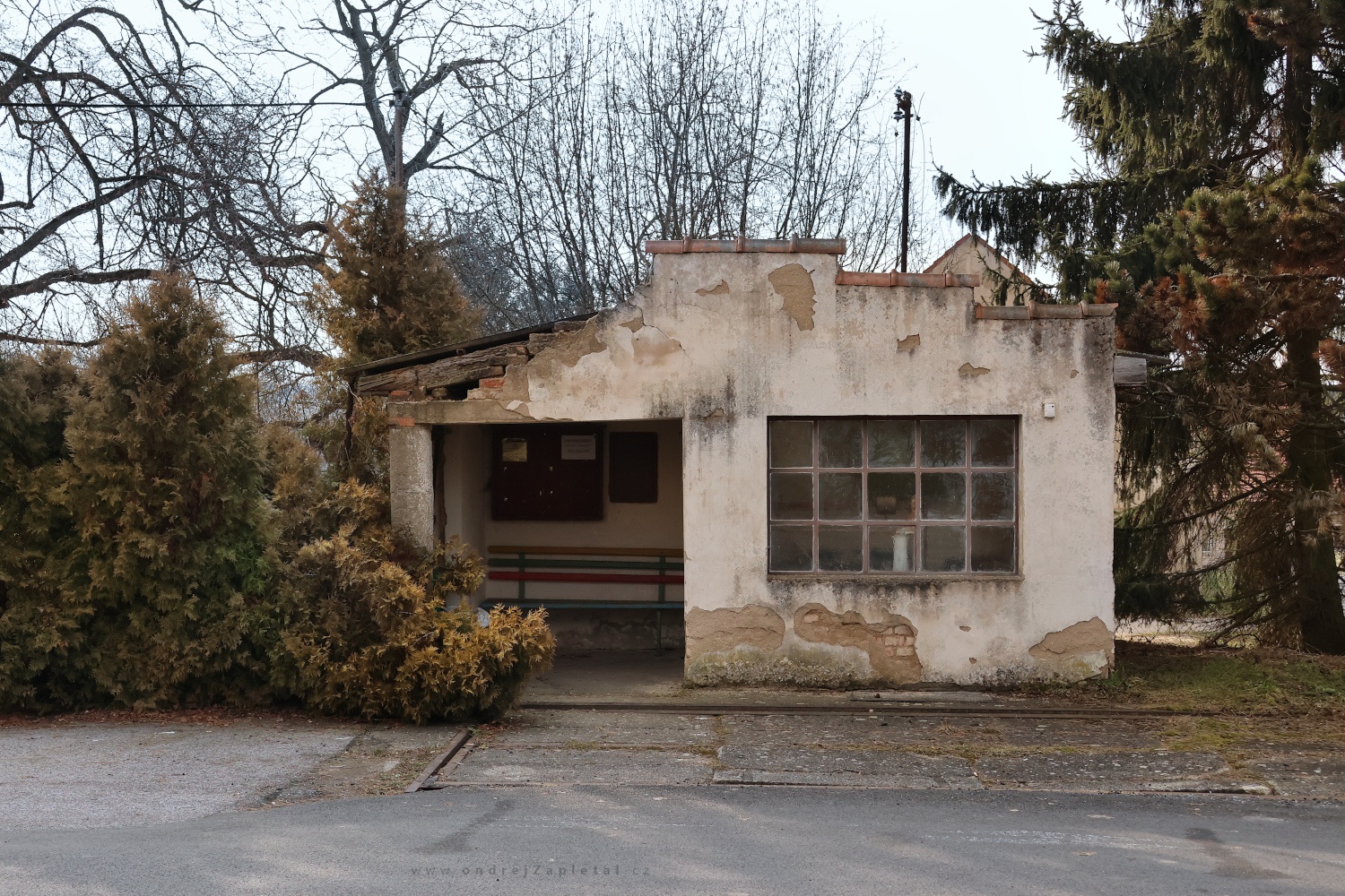  (On the photo:  (Industrial Photography) budova, stromy, ruiny)