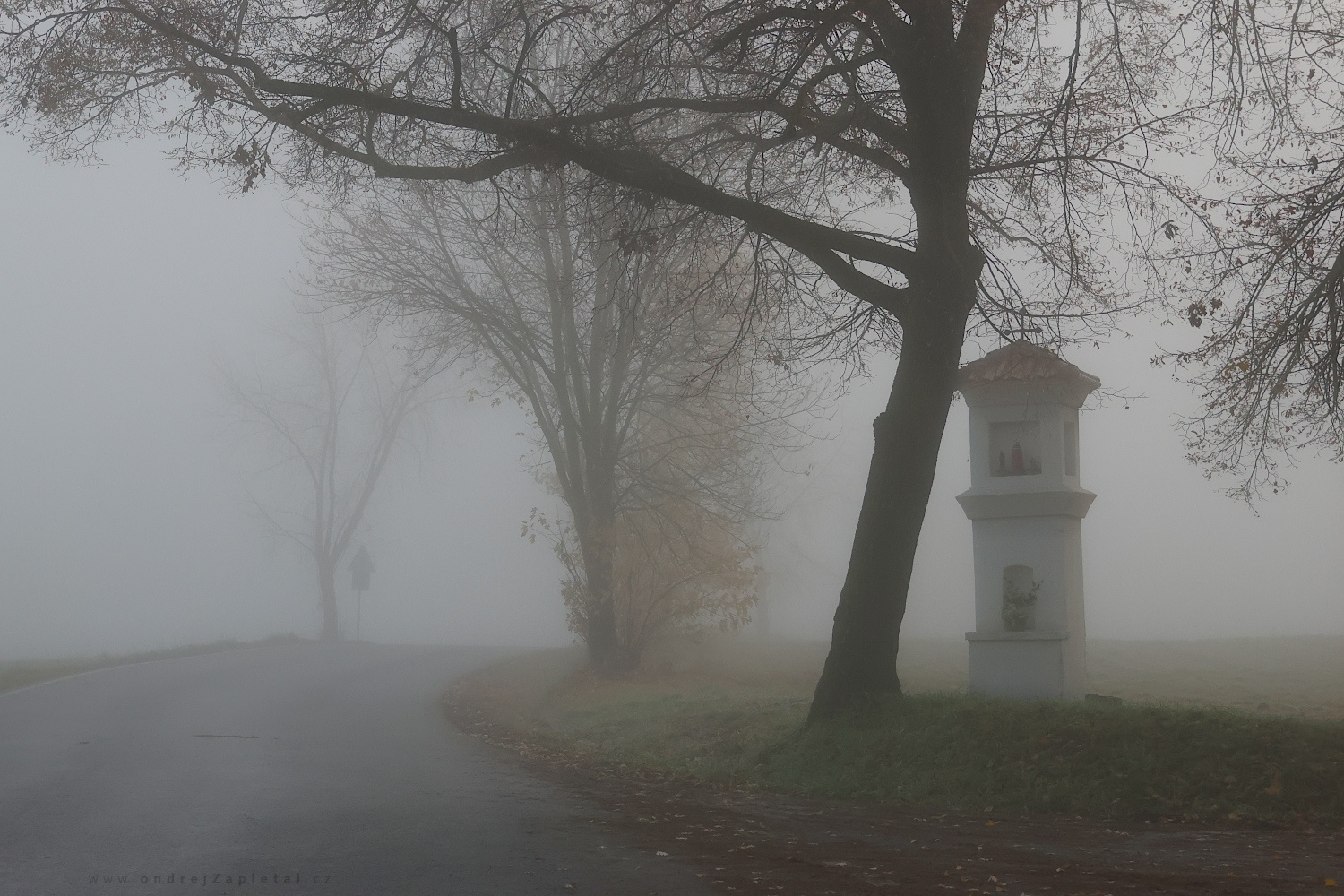 Shrine in a Mist (On the photo:  (Rural photography) socha, mlha, ráno, podzim, venkov, stromy)